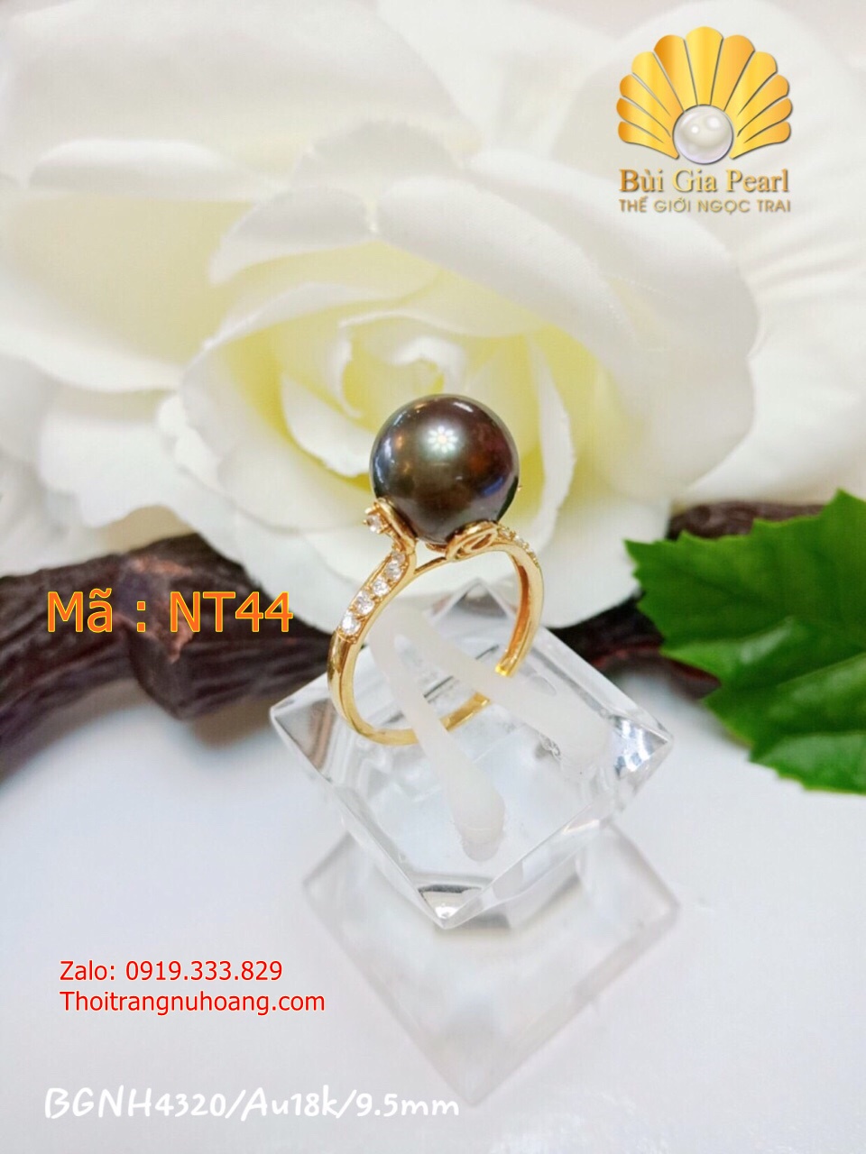 Nhẫn ngọc trai vàng 18k xanh đen ánh rêu cao cấp NT44